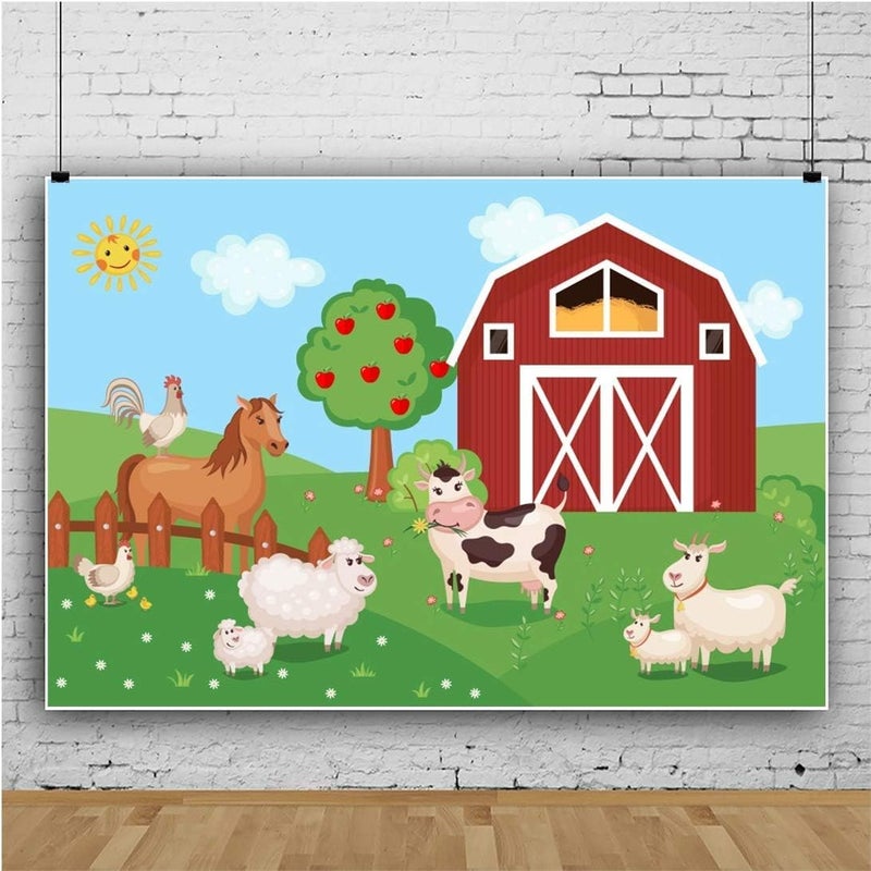 Renaiss 5x3ft Farm Animals Backdrop Cartoon Red Barn Door Barnyard Farmland Cow Farm House Photography Background for Baby Shower Newborn Kids Birthday Party Decor Studio Booth Props - Image 4